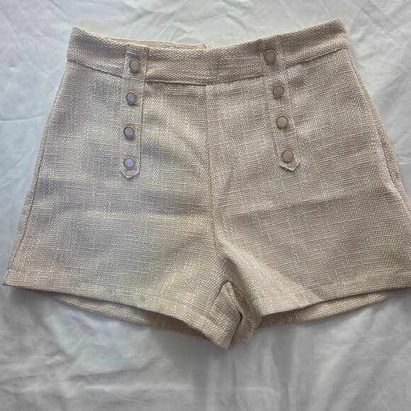 High Waisted Tweed Sailor Shorts | Cream Pearl Button Preppy Shorts | Small - Picture 1 of 9